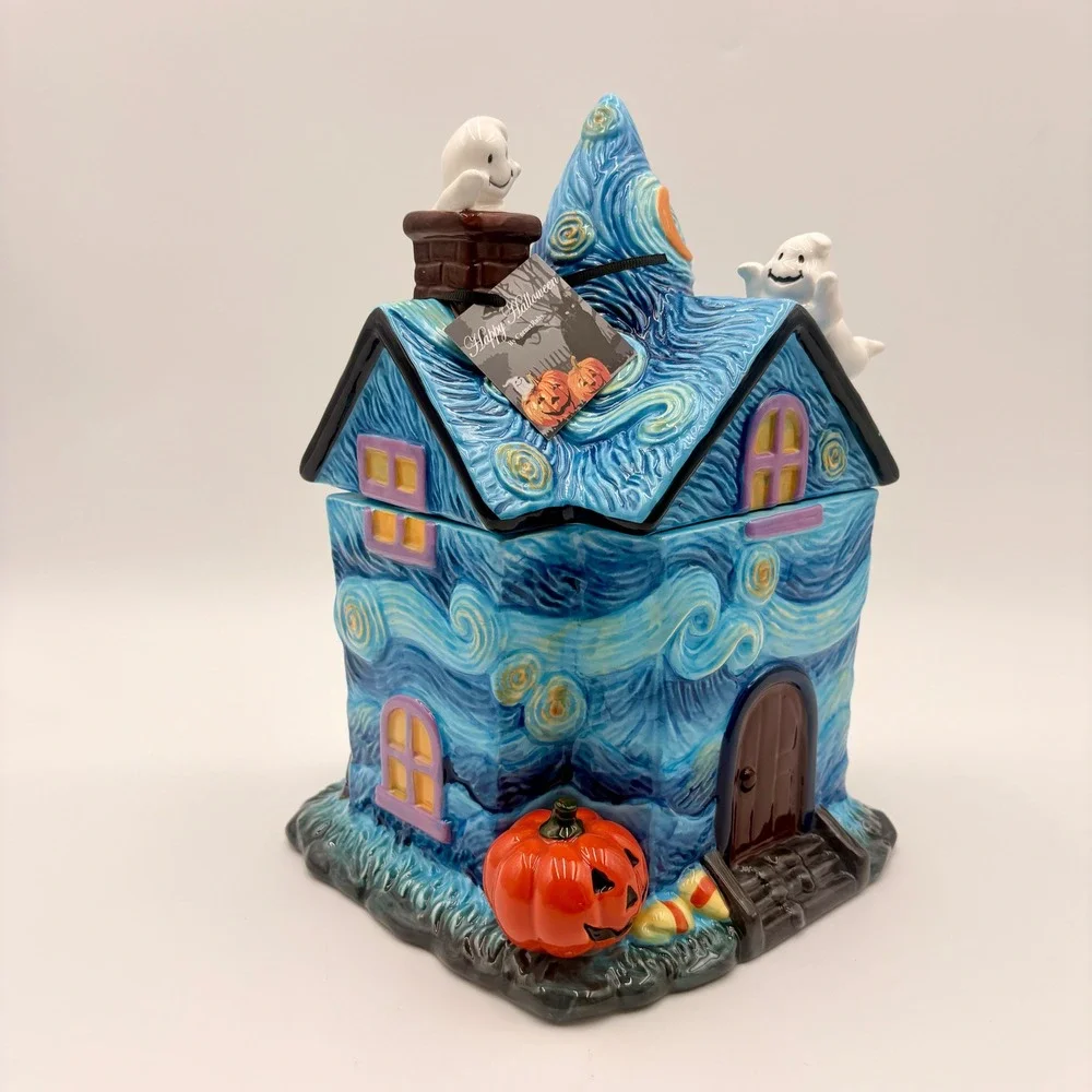 Corner Ruby Starry Night Haunted House Halloween Ceramic Cookie Jar Van Gogh